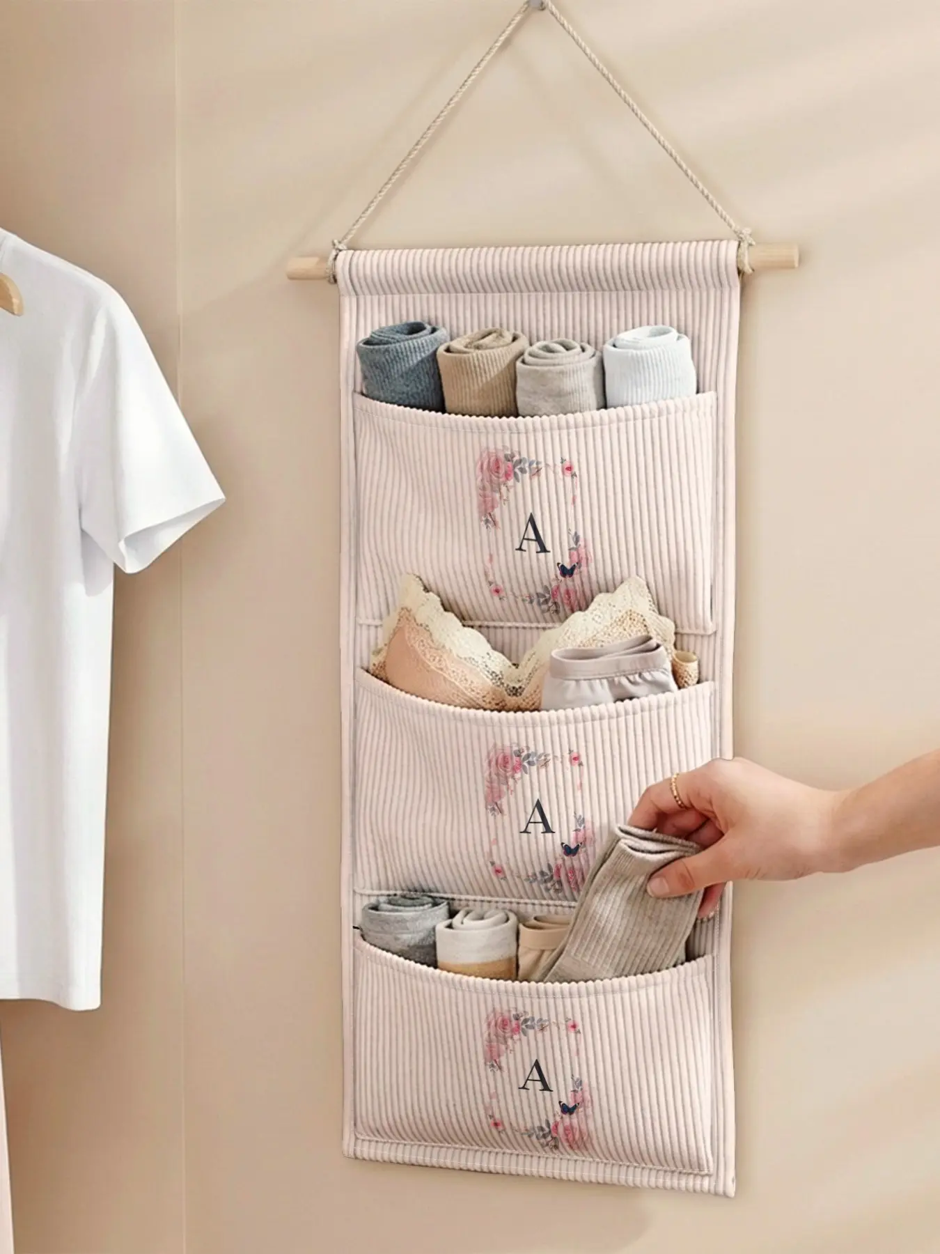 1pc Kitchen Door Hanging Storage Bag, Letter a Pattern, 2D Print, Three-Layer Multi-Compartment, Organize Cookware, Spices, Towels, Small Items
