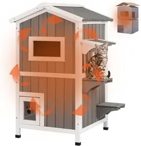PetsCosset Insulated Cat House Outdoor Weatherproof All-Round Insulation Two Story Outside Wooden Feral Cat Shelter for Winter with 2 Escape Doors