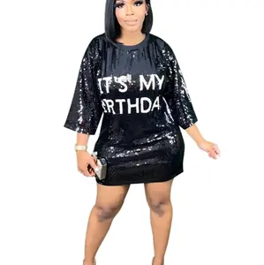 It's My Birthday T-shirt Mini Dress - Casual Polyester Outfit with Shiny Sequin Design and "IT'S MY BIRTHDAY" Text