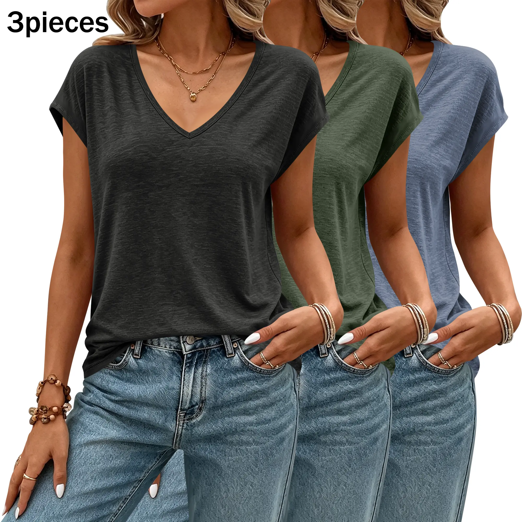 Women's 3-Pack Buttery Soft Cap Sleeve V-Neck Tshirts, Loose-Fit Casual Summer Staple Clothes, Minimalist Chic Everyday Tops, Tshirt, Buttery Soft Women's T-Shirts, Cap Sleeve Women's T-Shirts