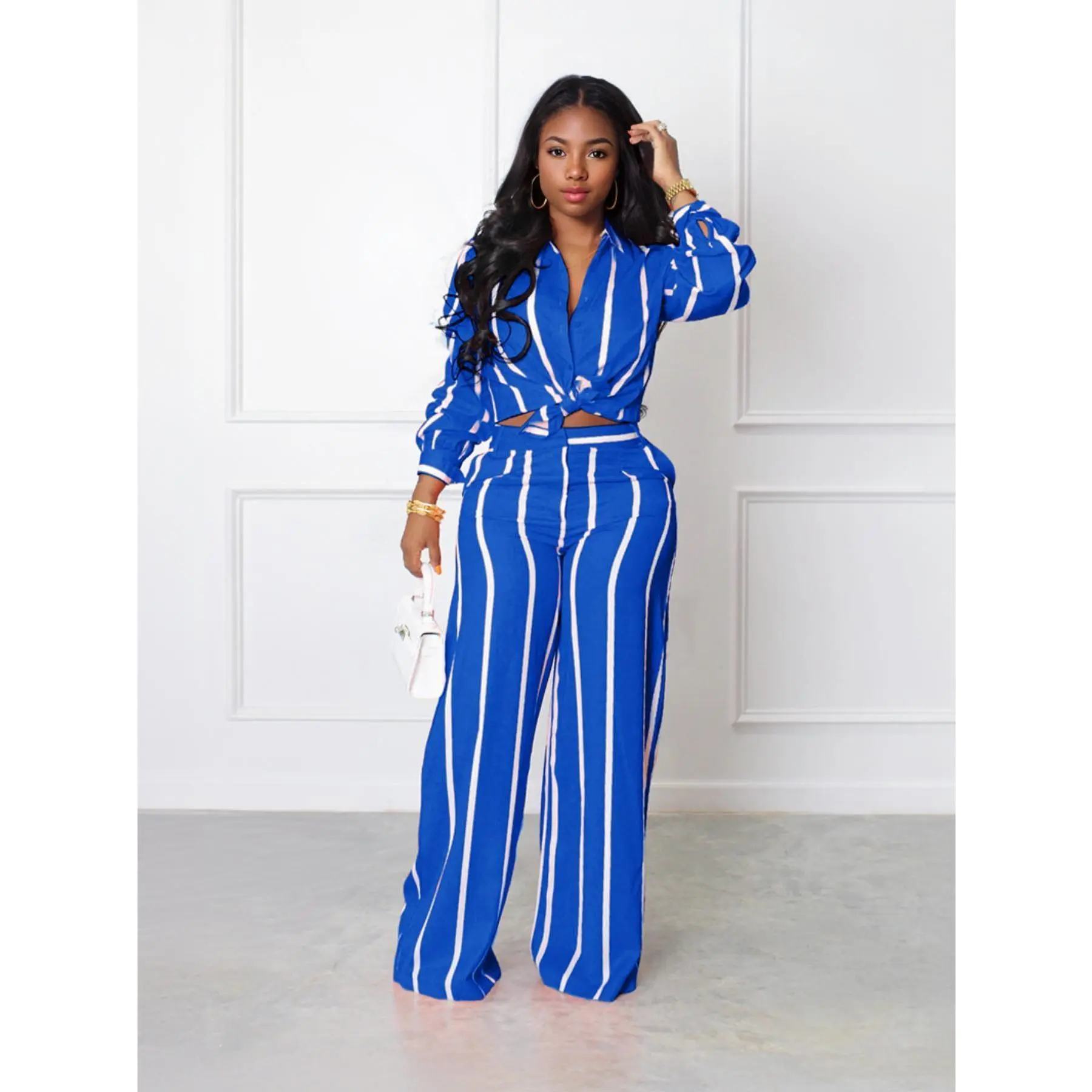 Katch Me  Women's Versatile Collared Knotted Stripe Long Sleeve Blouse & Wide Leg Trousers Co-ord, Relaxed Skin-Friendly Two Piece Sets, Minimalist Daily Outfit