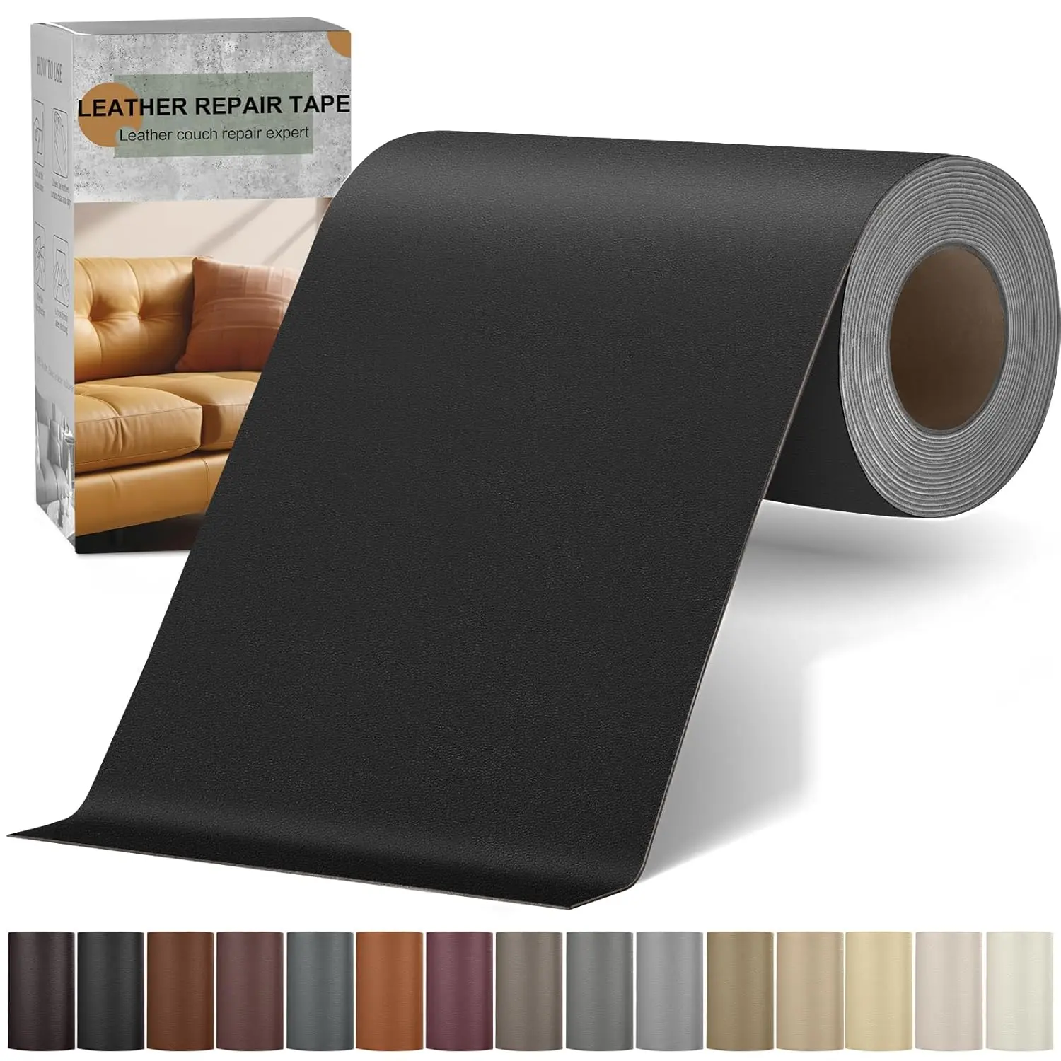 Self Adhesive Leather Repair Patch Kit, 4" x 63" Large Vinyl Leather Repair Tape for Furniture, Car Seat, Couch, Sofa, Chair Smooth Black