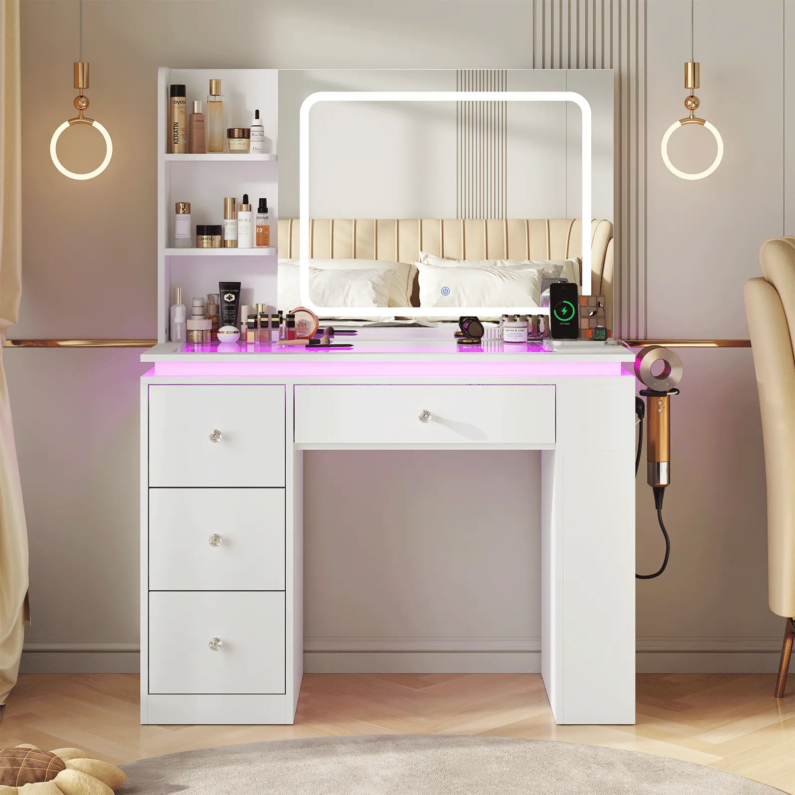CollaredEagle Modern Makeup Vanity Desk with Glass Top and Mirror, Adjustable Lighting, RGB Storage Drawers, Power Outlet, Large Capacity Organizer for Bedroom Dressing, Get Ready With Me, Vanity Organization