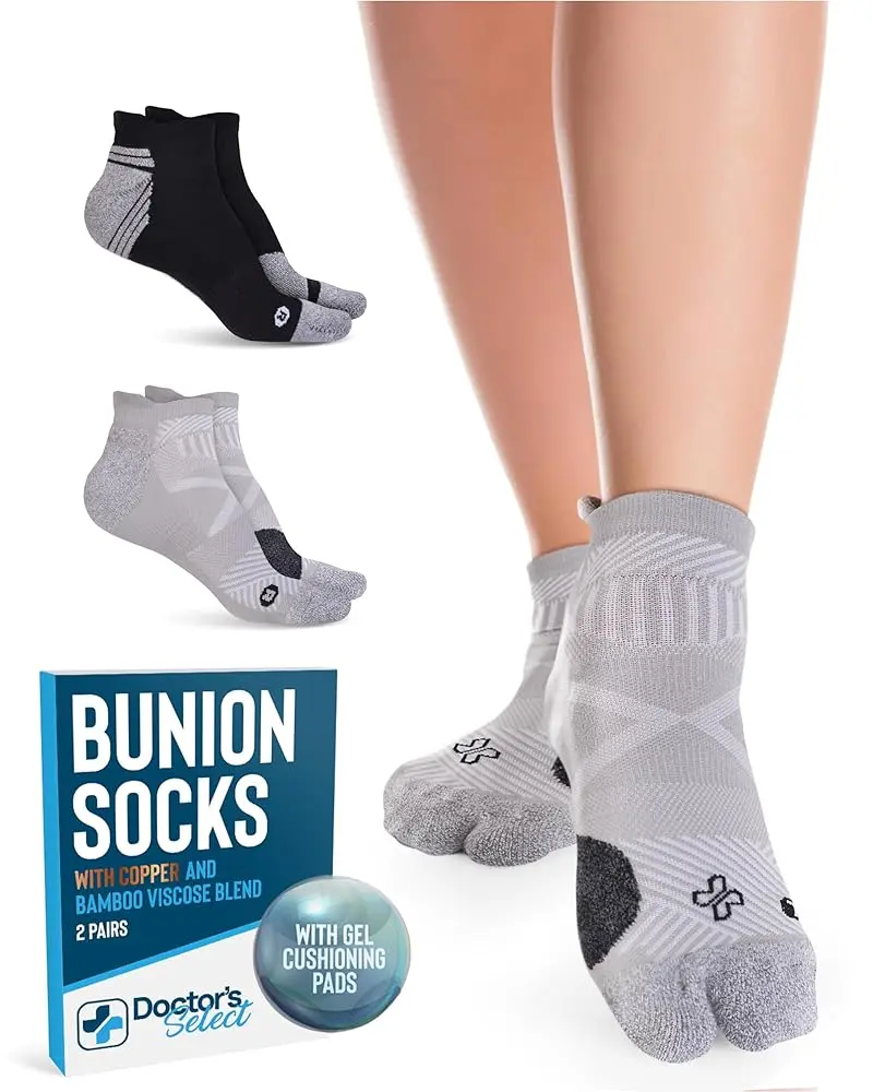 Doctor's Select Copper & Bamboo Viscose Breathable Comfy Bunion Socks for Women - 2 Pairs with Toe Separator, Black, Gray (Men's Option Available), Breathable Comfy Socks, Sock Packs, Feet