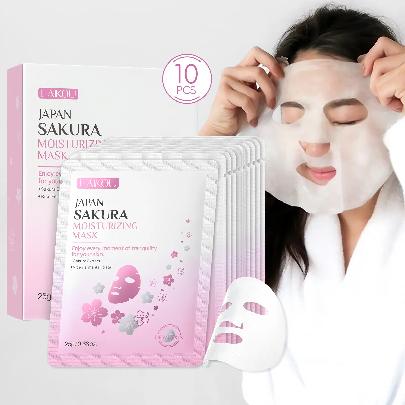 10-Piece Sakura Glow, 25ML Per Sheet, Moisturizing Rejuvenating Face Mask, Rapid Hydration, Brighten Skin Tone, Soothing Nourishment, Improve Dullness, Makeup Prep Essential, Facial Masks