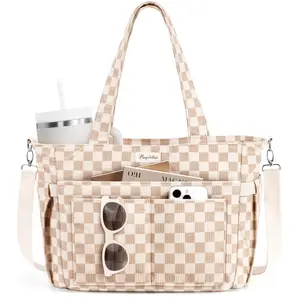 Bagstellar Corduroy Tote Bag for Women, 15.6 inch Laptop Work Tote Bags for School College with Large Cup Holder, Durable Zipper Corduroy Casual Tote Purse Shoulder Handbags for Women Work, Daily, Travel, Gym