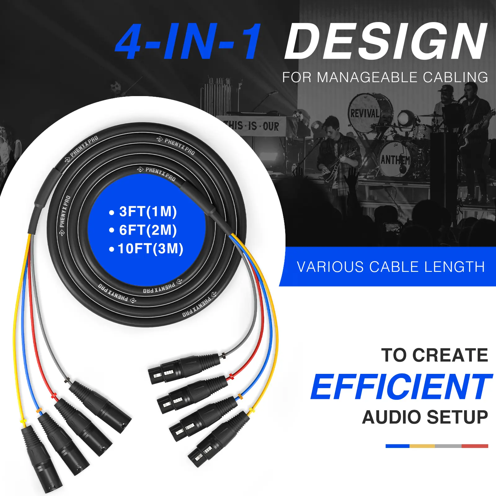 Phenyx Pro PCBL-4IN1-3 4-Channel XLR Snake Cable – Color-Coded Male to Female XLR, OFC Copper, 3ft Balanced Mic Splitter for Mixers, IEM, Audio Interfaces, Stage & Studio, 4-Channel Adapters & Cables, Multi-Channel Adapters & Cables