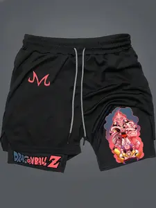 Dragon Ball Majin Buu Print 2-In-1 Drawstring Waist Shorts, Quick-Dry Swim Trunks, Loose Fit with Pockets, Ideal for Summer & Workout, Drawstring Athletic Shorts, Summer Sports Shorts