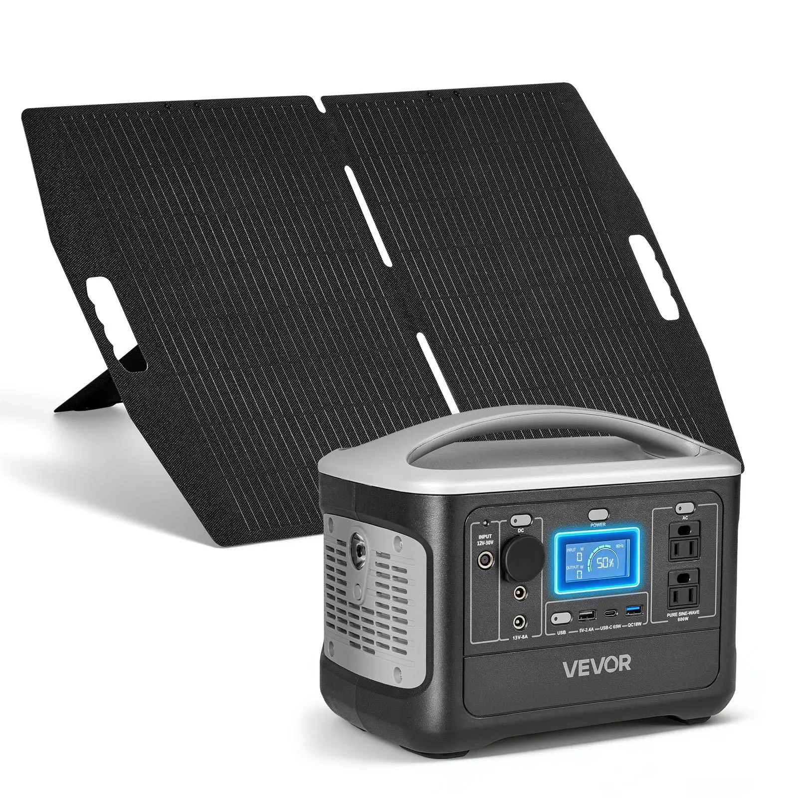 VEVOR 600W Compact Portable Power Station, 493Wh LiFePO4 Battery Backup with 100W Solar Panel (Outdoor Solar Gen), 8 Output Ports for Home Emergency, Outdoor Camping
