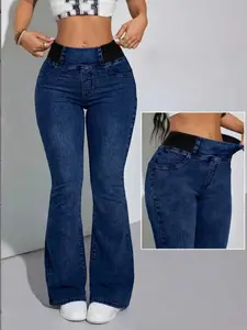 2026 Women's Back Shirred Jeans,Mid-Rise Elasticity Waist Flared Jeans,With Pockets,Fit,Light Blue Washing Process,Women's Bell-Bottoms Wide-Leg Jeans,Waist - Cinching Design,Denim,Pants