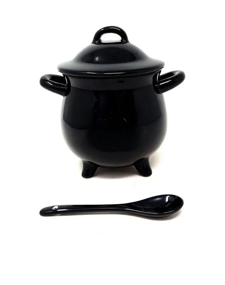 Witches Broth Black Ceramic Pot with Lid & Spoon 6" Tall Microwave & Dishwasher Safe for Soups Stews Chilis Hot Cocoa