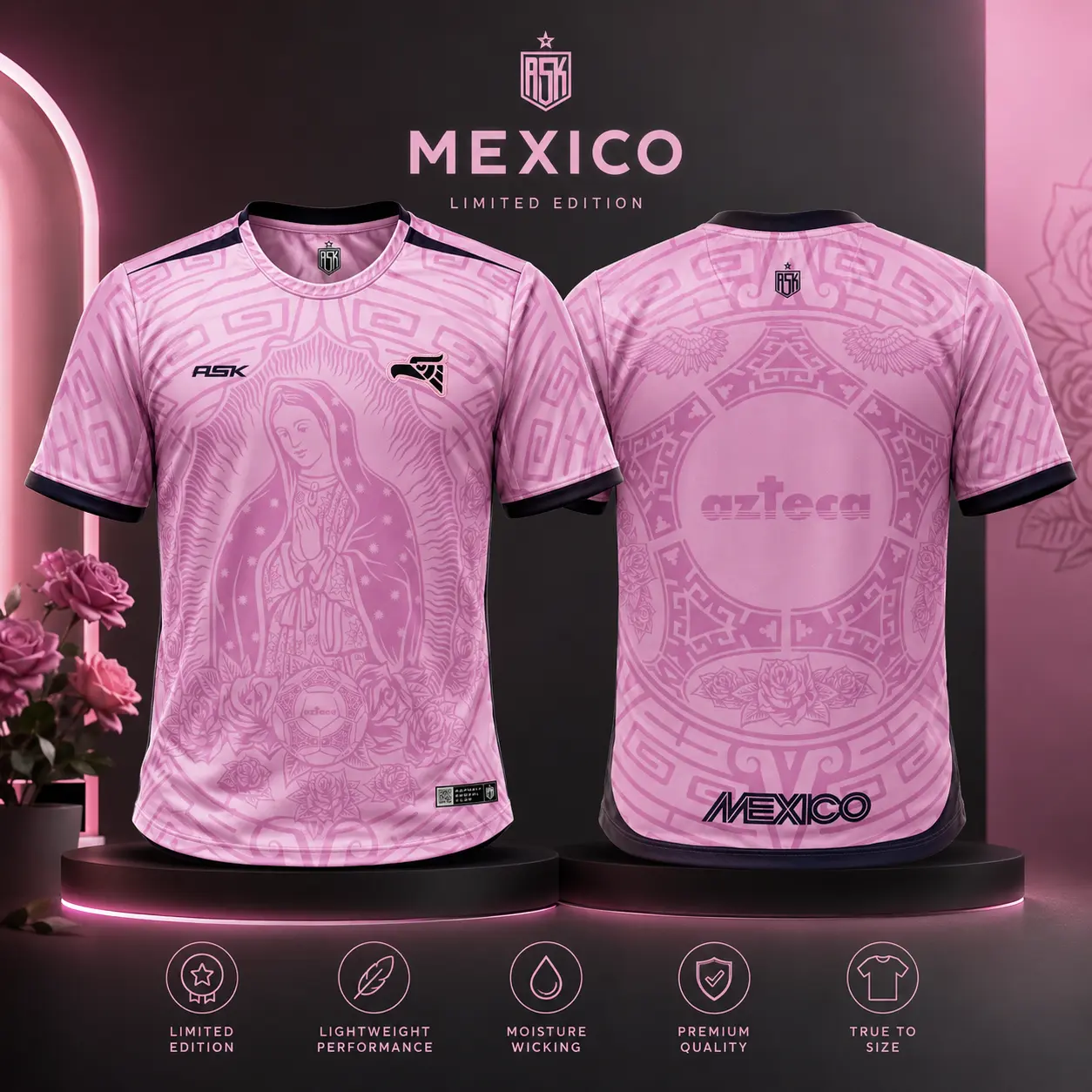 Unisex Pink Mexico Stylish Casual Jersey - Custom Sacred Floral Breathable Lightweight Athletic Wear, Personalized Name-Number Athletic Shirt, Breathable Sports Top, Stylish Jersey, Breathable Sports Tops