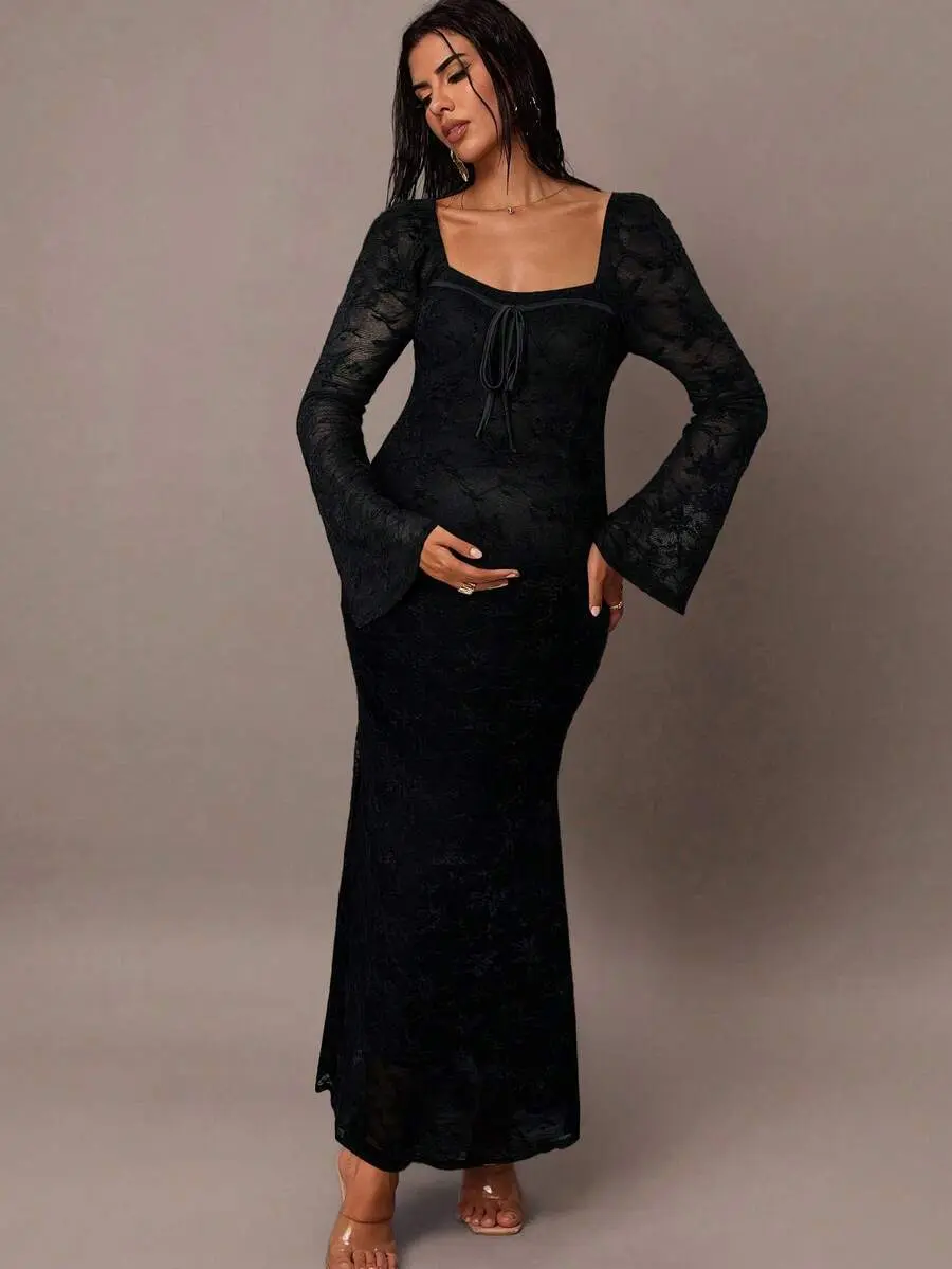 LAFERLIN Maternity Sweetheart Neck Tie Front Flare Sleeve Fitted Elegant Dress Pregnant Dress Black See Through Dress Pregnancy Photoshoot Dress Black Church Dress Women