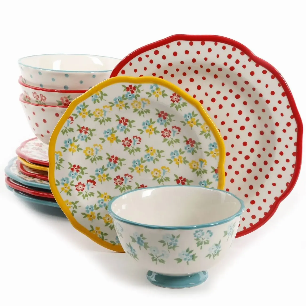 The Pioneer Woman Timeless Floral & Retro Dot 12-Piece Stoneware Dinnerware Set, Multicolor