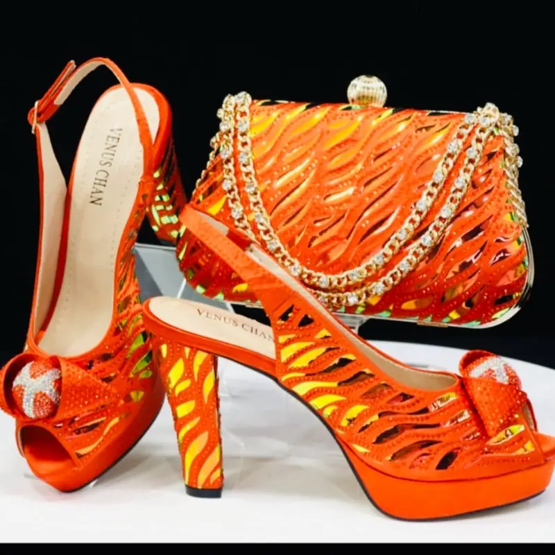 Venus Chan Party Shoe and Bag Set - Orange Zebra Print with Rhinestones - High Heel Sandals and Matching Clutch - Perfect for Parties