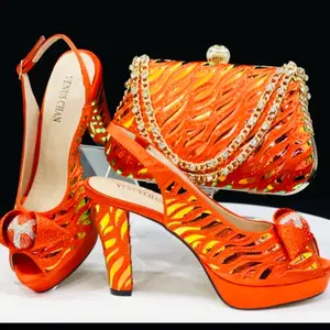 Venus Chan Party Shoe and Bag Set - Orange Zebra Print with Rhinestones - High Heel Sandals and Matching Clutch - Perfect for Parties