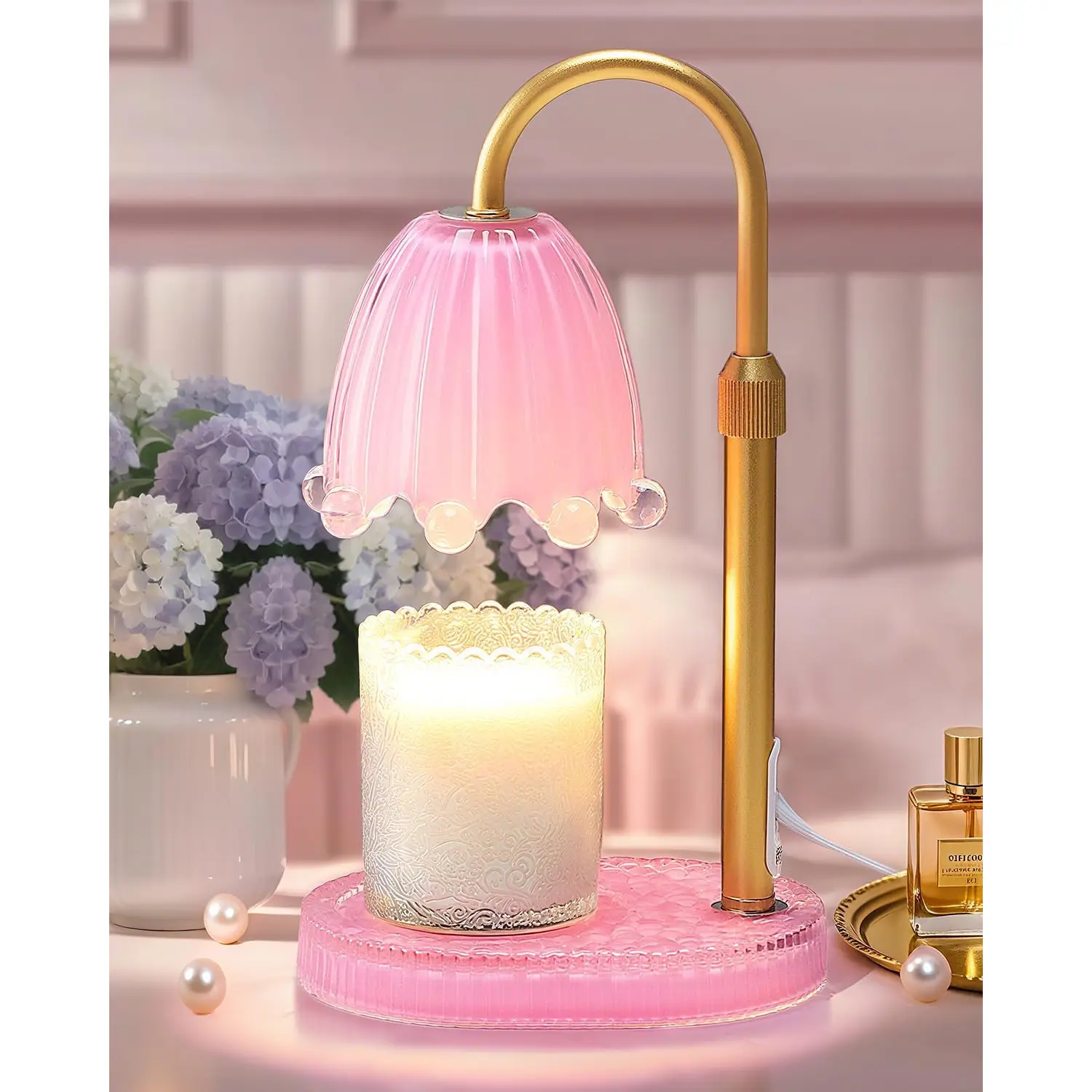 Rosé Petal Candle Warmer Lamp — Vintage Blush Glass Wax Warmer with Timer | Romantic Luxury Home Decor & Gift for Her
