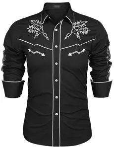 Men's Western Cowboy Shirt Long Sleeve Embroidered Shirt Slim Fit Cotton Casual Button Down Shirt