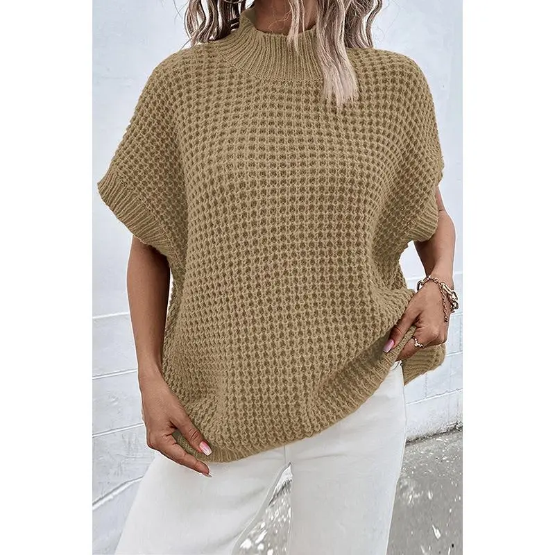 Womens Oversized Short Batwing Sleeve Mock Neck Sweater Vest Fall Sleeveless Pullover Knit Sweaters