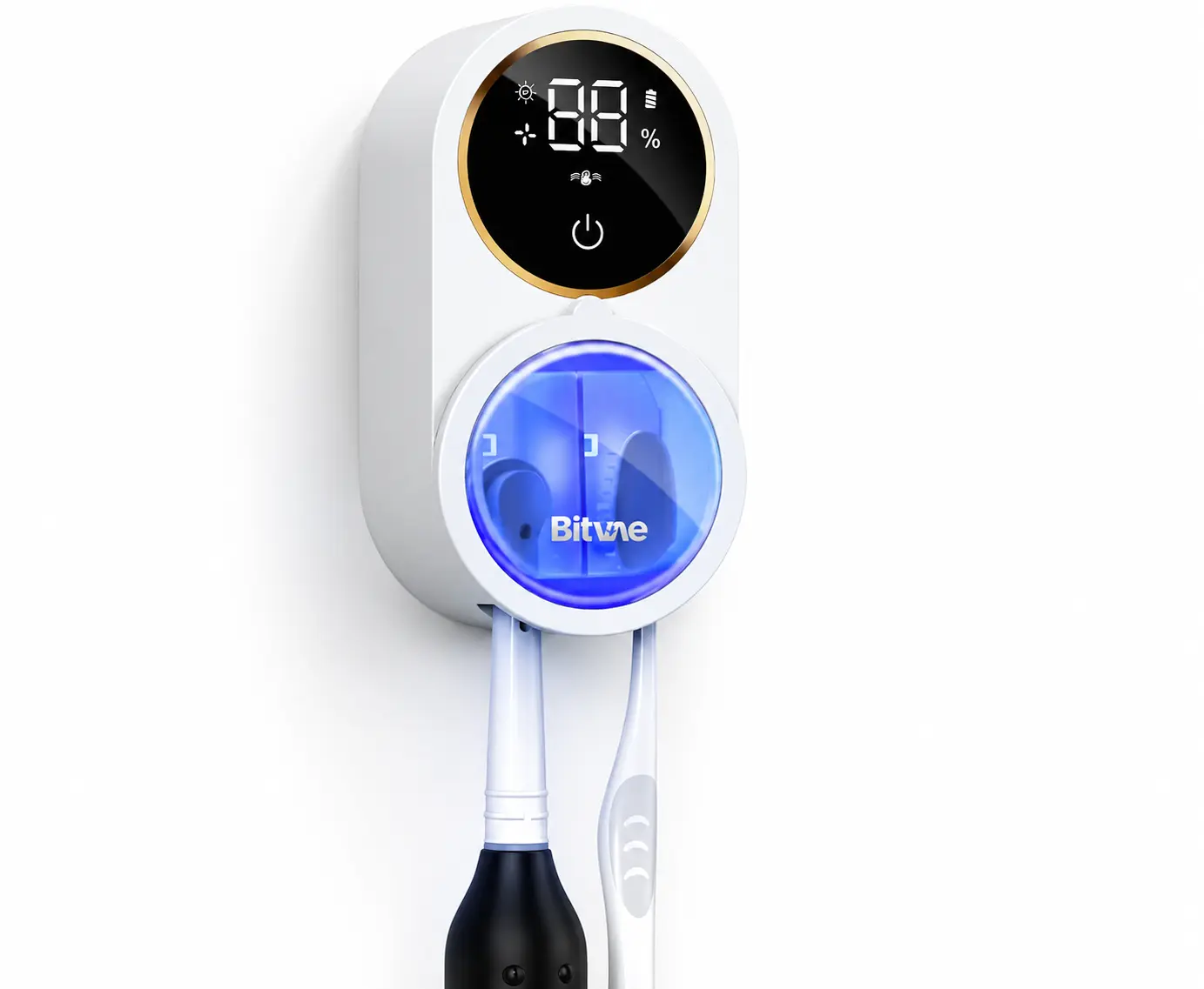 Upgraded Tooth Brush Holder for Bathroom 2.0 Infrared Sensing | Toothbrush Cleaner, Wall-Mounted for Most Size Toothbrushes, Air Drying, LED Smart Screen, White Gold Trim