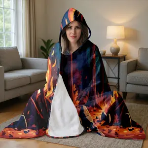 1pc Autumn Forest Campfire Scene Hooded Blanket for Adults & Teens, Oversized Soft Lightweight Flannel Wearable Poncho, Digital Print Comfy Cloak for Lounging, Camping, Gaming, Reading, Watching T