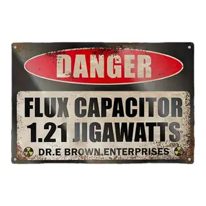 1pc Vintage Back to The Future Flux Capacitor 1.21 Jigawatts Warning Sign, Retro Iron Rectangle Design Wall Decor for Living Room, Bedroom, or Office, 8x12 Inches (30x20cm), Pre-Drilled Holes for Easy Mounting