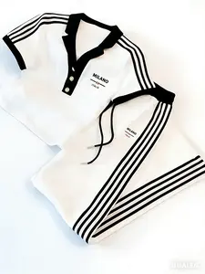 Unisex Milano Italia Striped Polo Two-Piece Set | Couples Matching White & Black Casual Tracksuit for Men Women