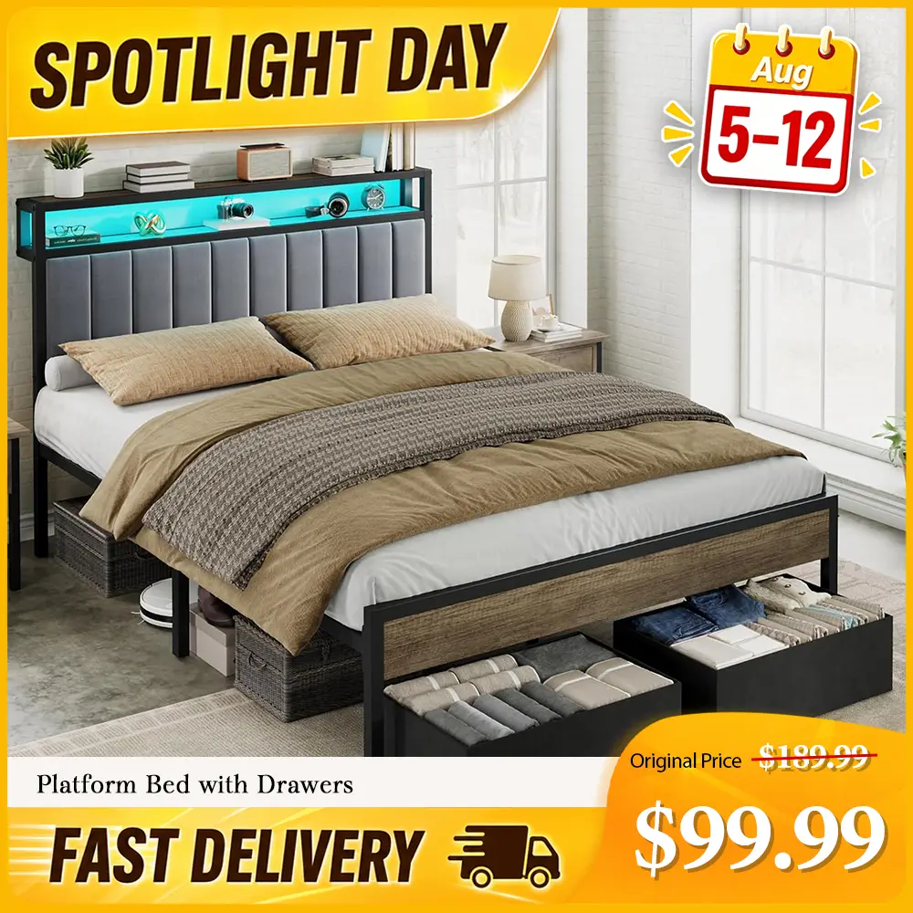 【Spotlight Day】VanAcc Bed Frame with LED Light and 2 Storage Drawers, Metal Platform Bed with Storage Headboard, Velvet Upholstered, Heavy-Duty Slats, No Box Spring Needed, Easy Assembly #homemakeover