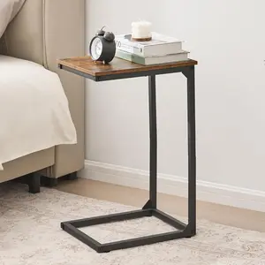 C Shaped End Table for Couch and Bed, Small Side Table with Metal Frame, TV Tray for Small Space, Living Room, Bedroom, or Bedside, Available in Rustic Brown & Gray
