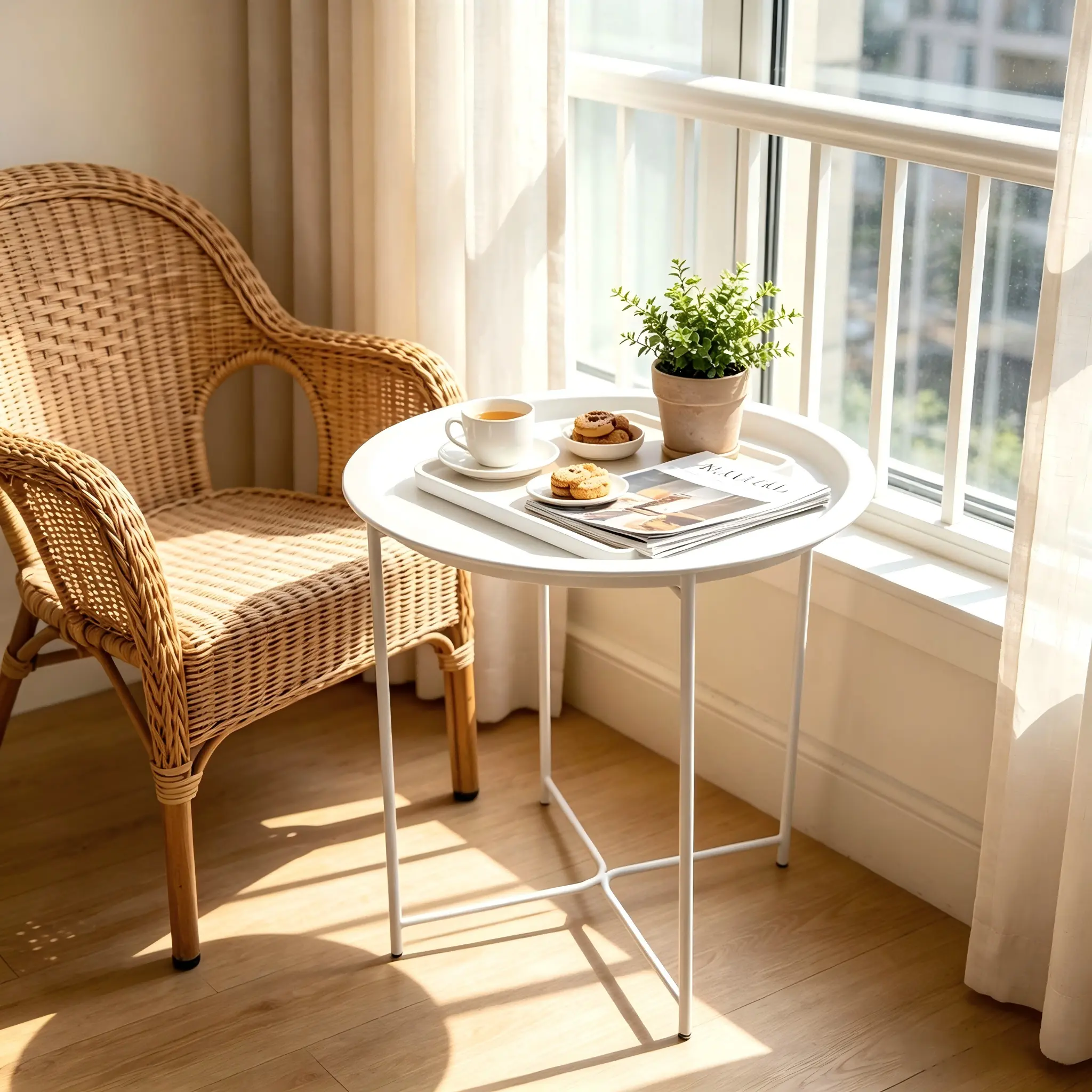 Small Lightweight Round Rolling Metal Side Table with Wheels - Portable Space-Saving Bedside Table, Nightstand for Living Room, Bedroom, Available in Black & White