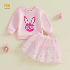 Toddler Little Girl Easter 2 Piece Outfits Bunny Print Long Sleeve Sweatshirt With Tulle Skirt Holiday Clothes Set