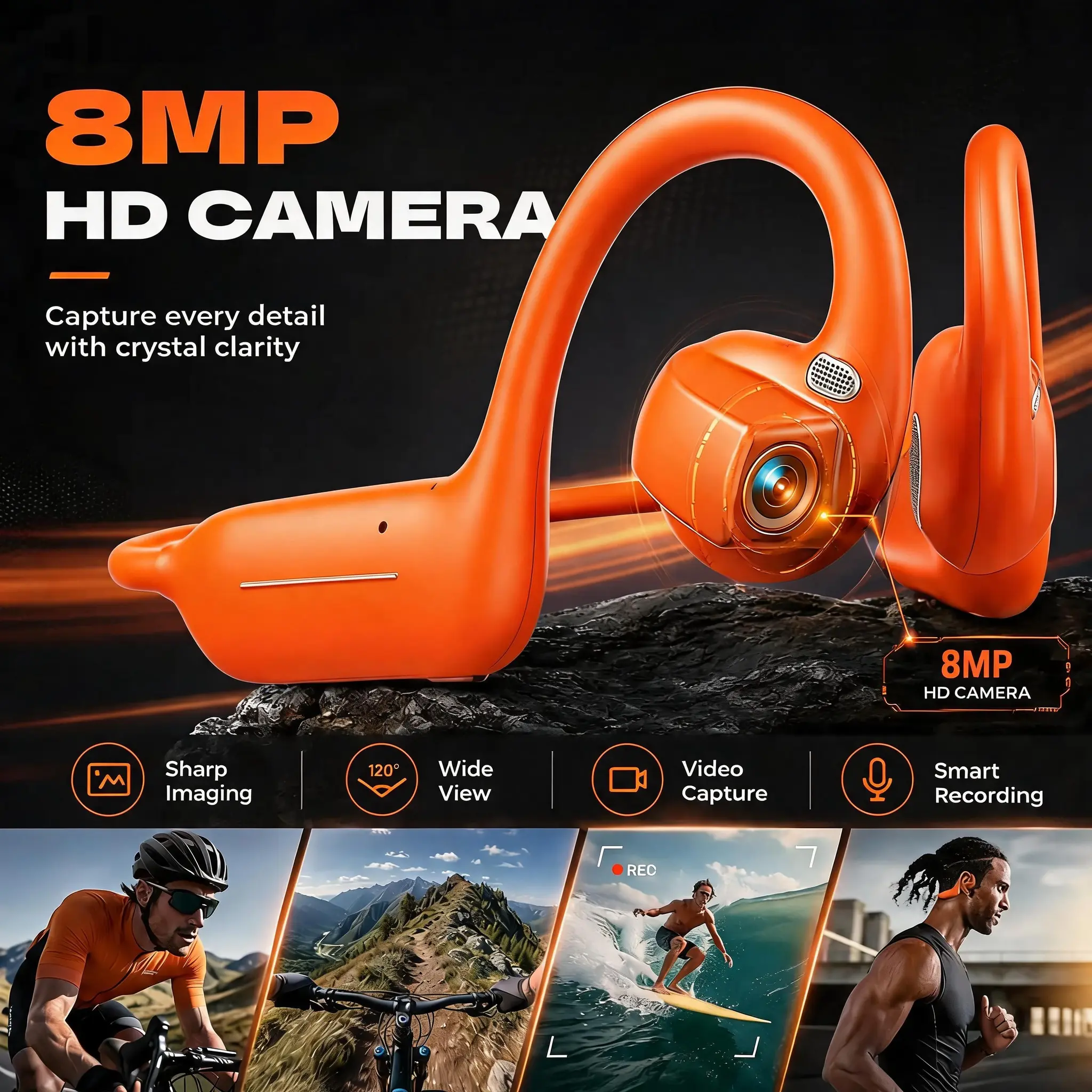 E12 Bone Conduction Bluetooth Headphones With 8MP EIS Stabilized Camera, 160+ Languages Instant Translation, Touch & Button Control, IP54 Waterproof Wearable Headset For Outdoor Cycling Vlog Recording Sports & Daily Communication