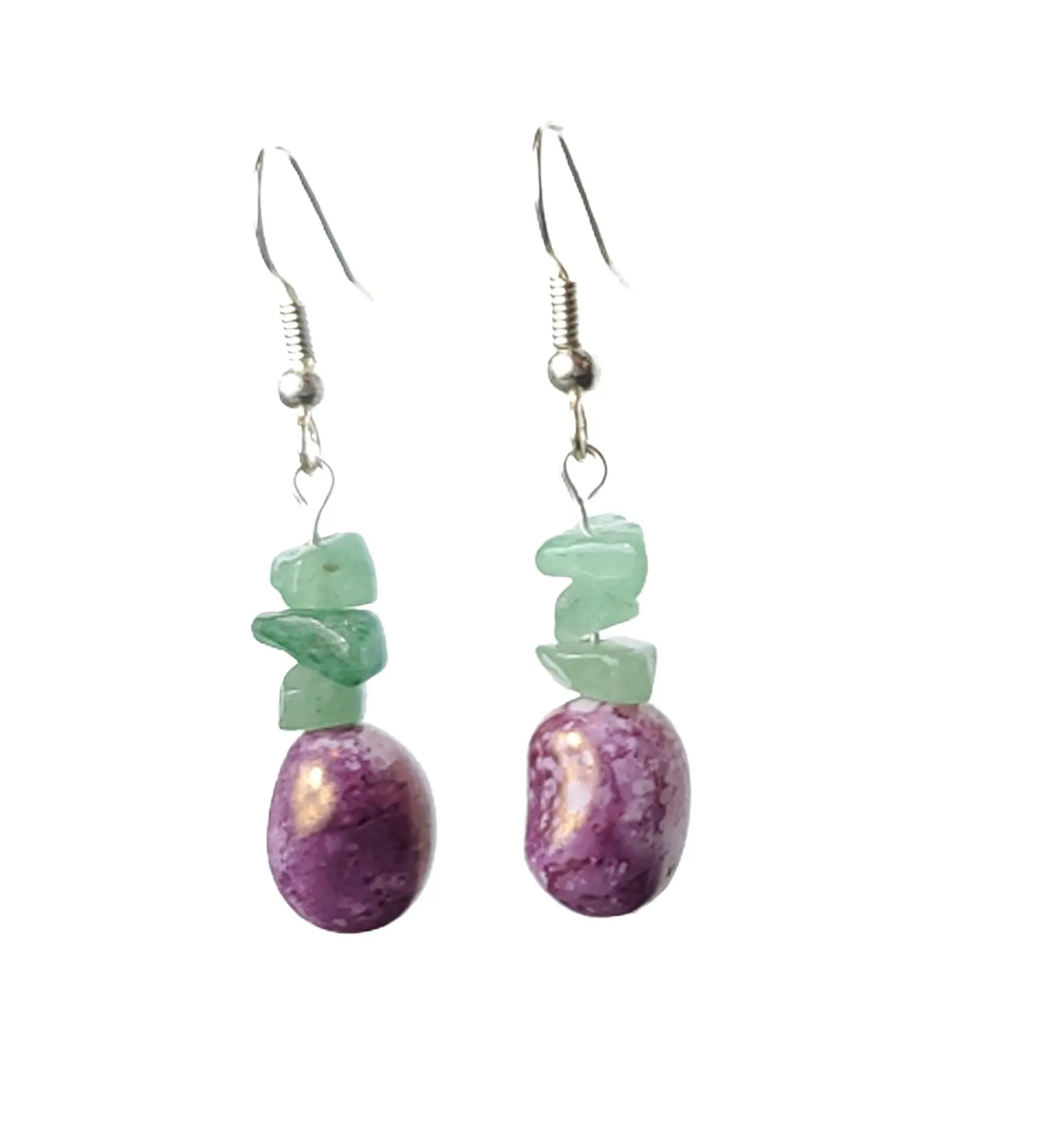 Green Aventurine and Marbled Purple Pressed Czech Glass Earrings