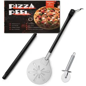Pizza Peel with Pizza  Wheel,  8-Inch Perforated Pizza Turner Spatula with Long Handle, Lightweight Stainless Steel Paddle Spinner for Home & Commercial Pizza Oven Accessories,  Grade