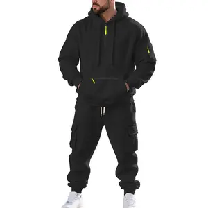 Men's Winter Outfit Set, New Fleece-Lined Hooded Sweatshirt, Multi-Pocket Cargo Pants, Two-Piece Set Athletic Sport