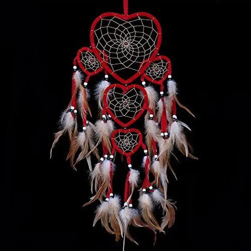 Large Handmade Red Dream Catcher Five hearts Traditional Dreamcatcher Feather Wall Hanging Decor,Christmas Thanksgiving Gift