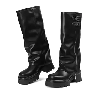 Women's Buckle Foldable Boots Round Toe Knee High Boots Platform Motorcycle Boots