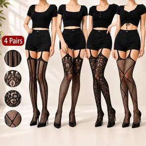 Women's 4-Pack Plus Size Fashion Fishnet Thigh Highs - Soft, Stretchy, Breathable Nylon Spandex Pantyhose, Curvy Fit Stockings for Cosplay & Everyday Lingerie