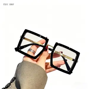 Retro Geometric Bold Square Frame Aesthetic Men's Sunglasses - Unisex Lightweight Anti-Glare Eyewear, Transparent Lens Fashion Specs, LED Light-Blocking Stickers for Reading & Laptop Use