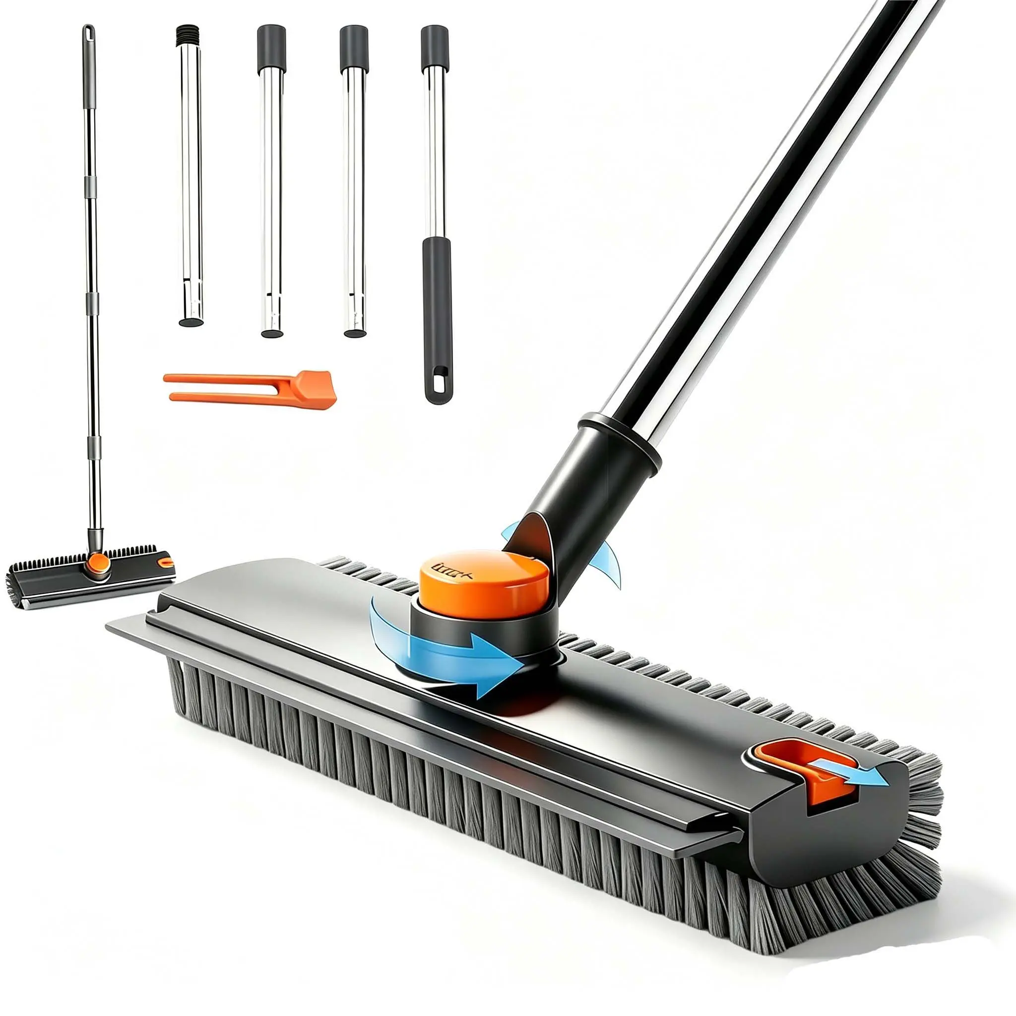 3 in 1 Long Handle Floor Scrub Brush, 360° Rotatable Bathtub Scrubber with Squeege & Heavy-Duty Stiff Bristles, Home Cleaning Supplies for Bathroom, Patio, Kitchen