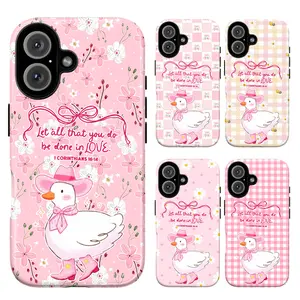 Duck Love Phone Case, White Duck Pink Hat Scarf Boots Floral Checkered Gingham Pink White Background Flowers Stars Bows Inspirational Bible Verse Playful Artistic Retro Aesthetic, iPhone 17 16 15 14 13 12 Pro Max Plus X, Samsung S25 S24 S23 S22 Ultra