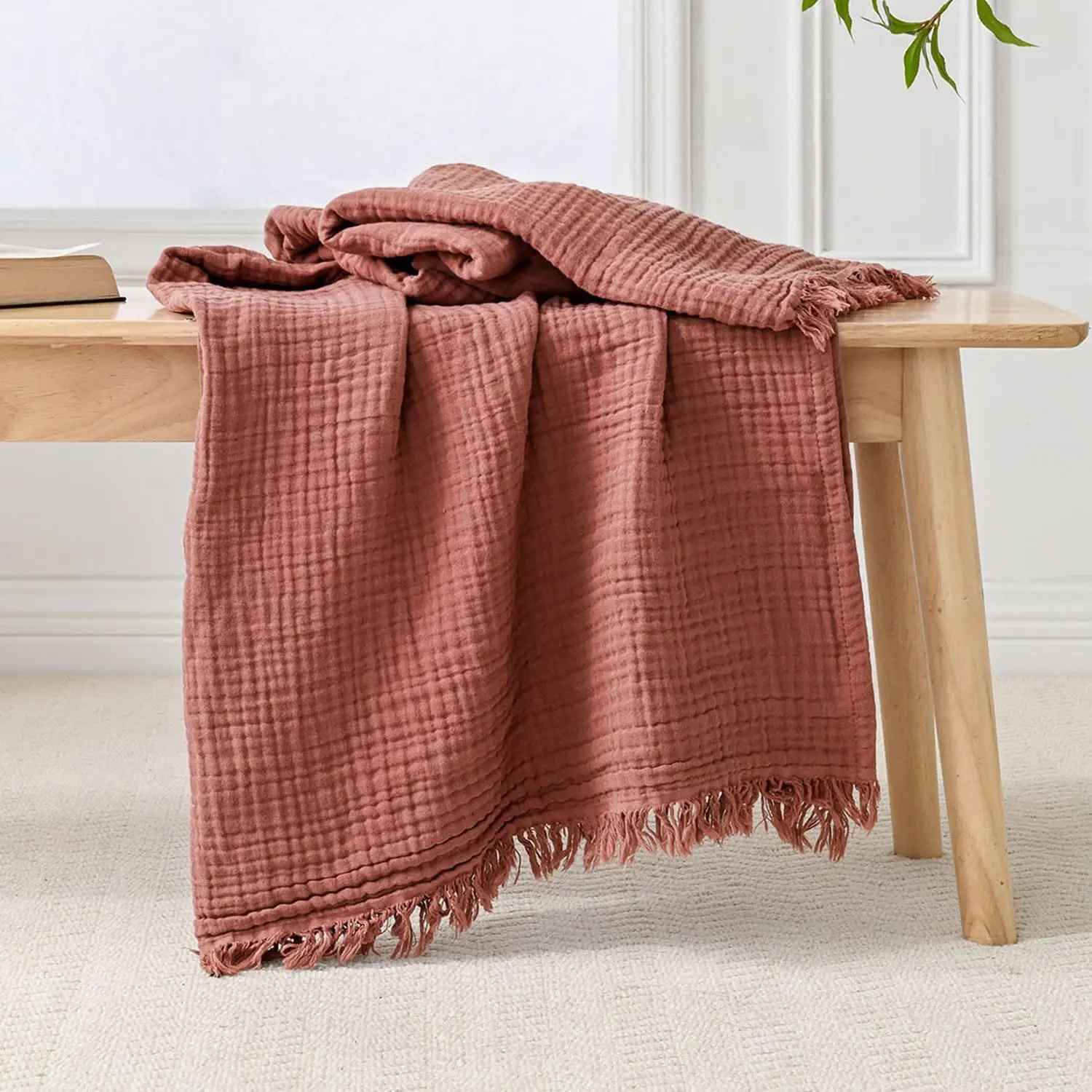 Muslin Throw Blanket 50x65 Inches Cozy Soft Lightweight Pre-Washed Cotton Blanket, All Season Breathable 4-Layer Gauze Blanket Throw for Sofa Couch Bed, Copper Brown