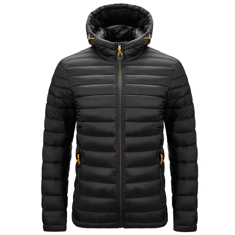 Men’s lightweight hooded down jacket, fully zip-up stitched design for wind protection, winter outerwear with side zipper pockets, casual warm coat suitable for everyday outdoor wear