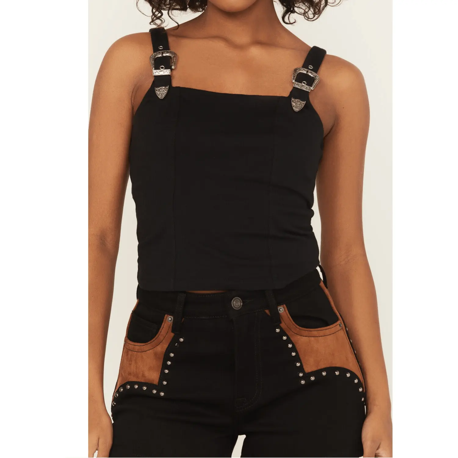Women's Edgy Cropped Tank Top with Buckle Straps, Sleeveless Square Neck Festival Tops for Women, Concert Tops For Women