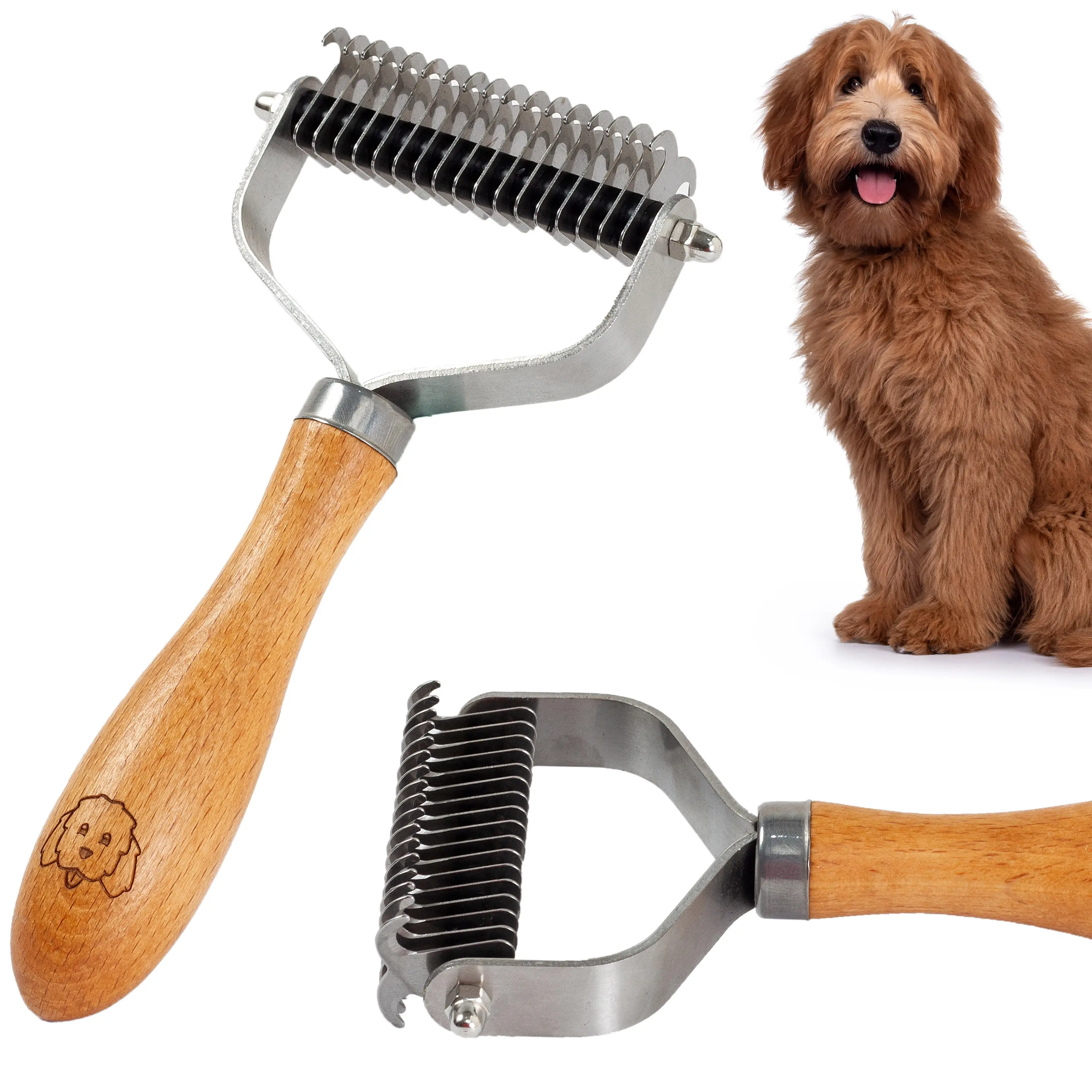 [We Love Doodles] Pet Dematting Comb for Dogs & Cats, Dual-Sided Undercoat Grooming Brush with Wood Handle and Stainless Steel Blades