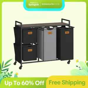 SONGMICS HOME Laundry Hamper with Compartments, Large Capacity Laundry Sorter, Rolling Laundry Cart with Shelves, Small Side Pockets, 6 Labels