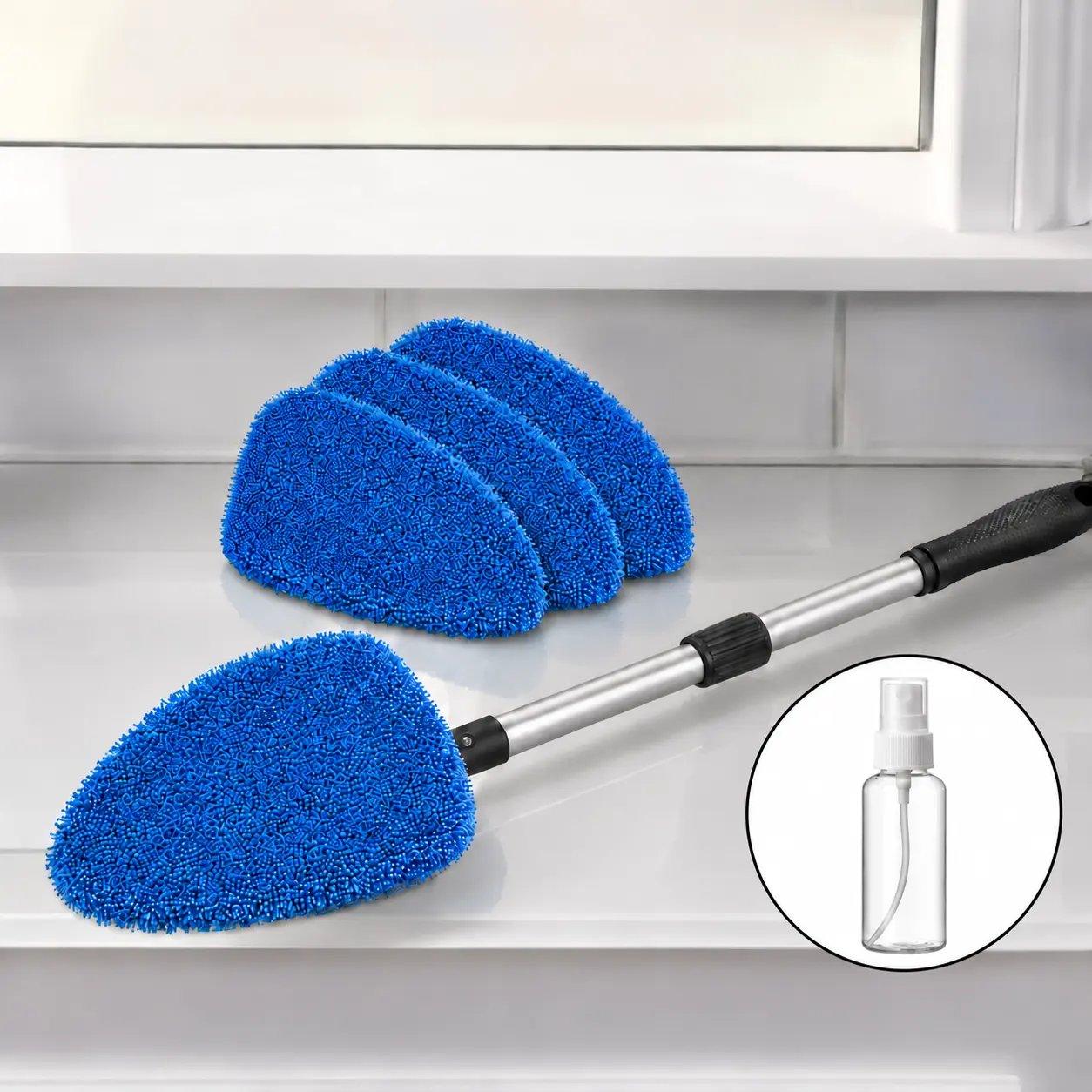 Extendable Window Cleaning Brush with 4 Reusable Washable Microfiber Pads, Glass & Tile Cleaner for Household Windows, Bathroom Shower Doors, Mirrors, Kitchen Surfaces & Car Windshields