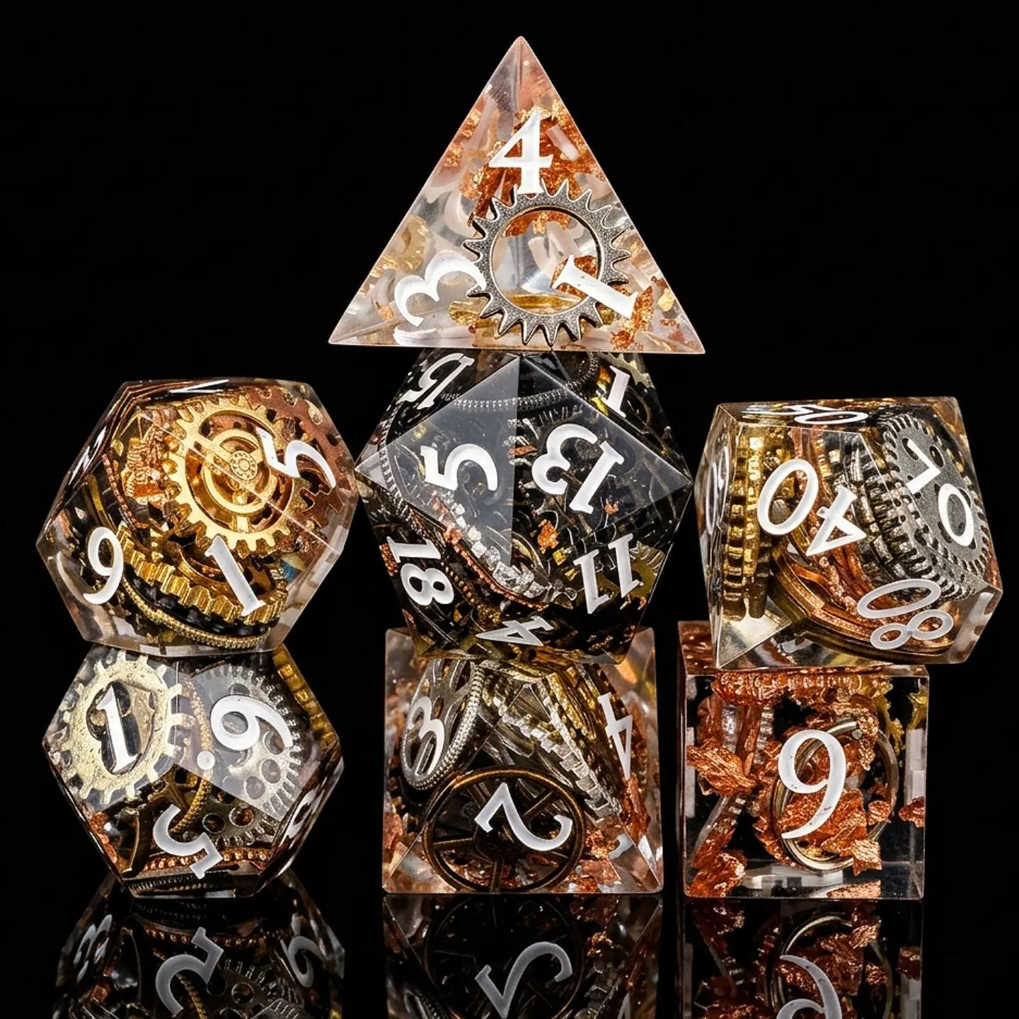 Steampunk Gear Dice Set - Real Metal Gear Inclusions, Sharp-Edge Resin RPG Dice for DND, TTRPG Board Games, Tabletop Games, Complete Polyhedral Rpg Dice Set