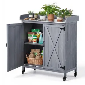 【FathersDayGift】VEVOR Potting Bench Table, Outdoor Gardening Wooden Storage Cabinet with 36 x 16 in Galvanized Iron Tabletop, Garden Planting Workstation with Large Storage Space, 4 Casters for Patio, Backyard, Gray