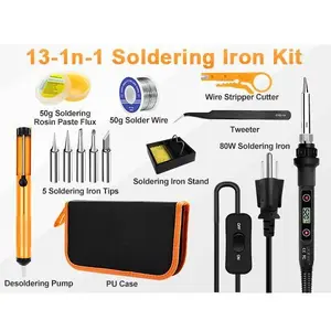 80W LCD Temperature Controlled Electric Soldering Iron Kit, 15-Second Fast Heating, 13 In 1 Tools with 5 Tips, Desoldering Pump, PU Case, 180℃-520℃ Range for Electronics Repair, DIY Projects